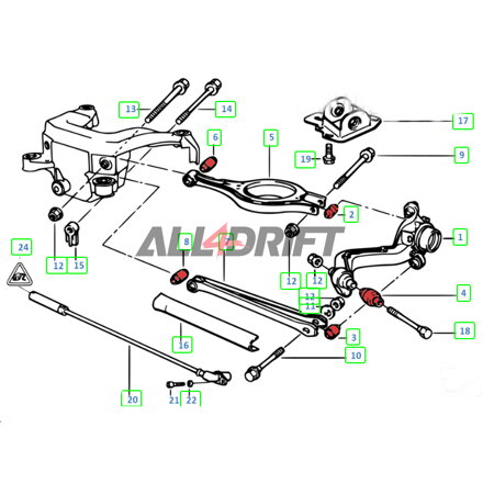 Kompletní sada polyuretanových silentbloků náprav (přední + zadní) Sport BMW E36 + diferenciál