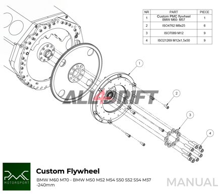 Odlehčenej jednohmotnej setrvačník BMW V8 M62 - BMW M50 M52 M54 ZF ZF310 ZF320 S5D-250 M57 GS5-39DZ S50 S52 S54 Getrag 420G - 240mm / 9.45"