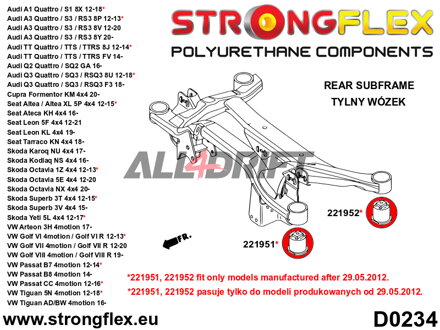 026275A Kit complet de silentblocs en polyuréthane SPORT pour essieux Audi / Seat / Škoda / VW / Cupra